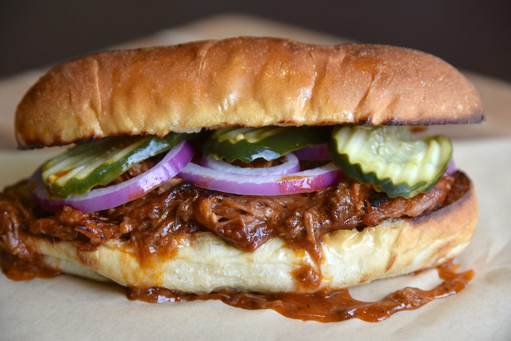 Sando-Pulled Pork BBQ Sandwich-Dill Pickles-Red Onions-Toasted Hoagie ...